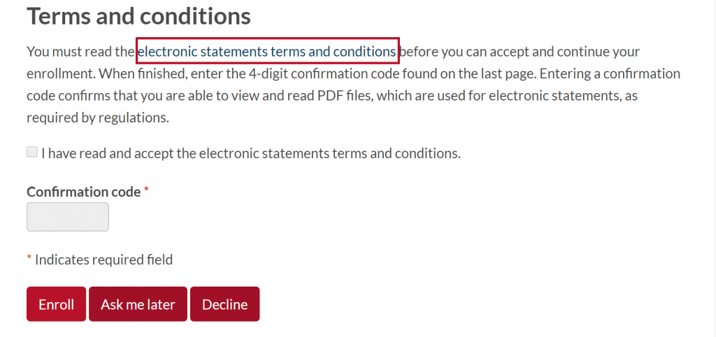 Enrollment prompt - Terms and Conditions hyperlink